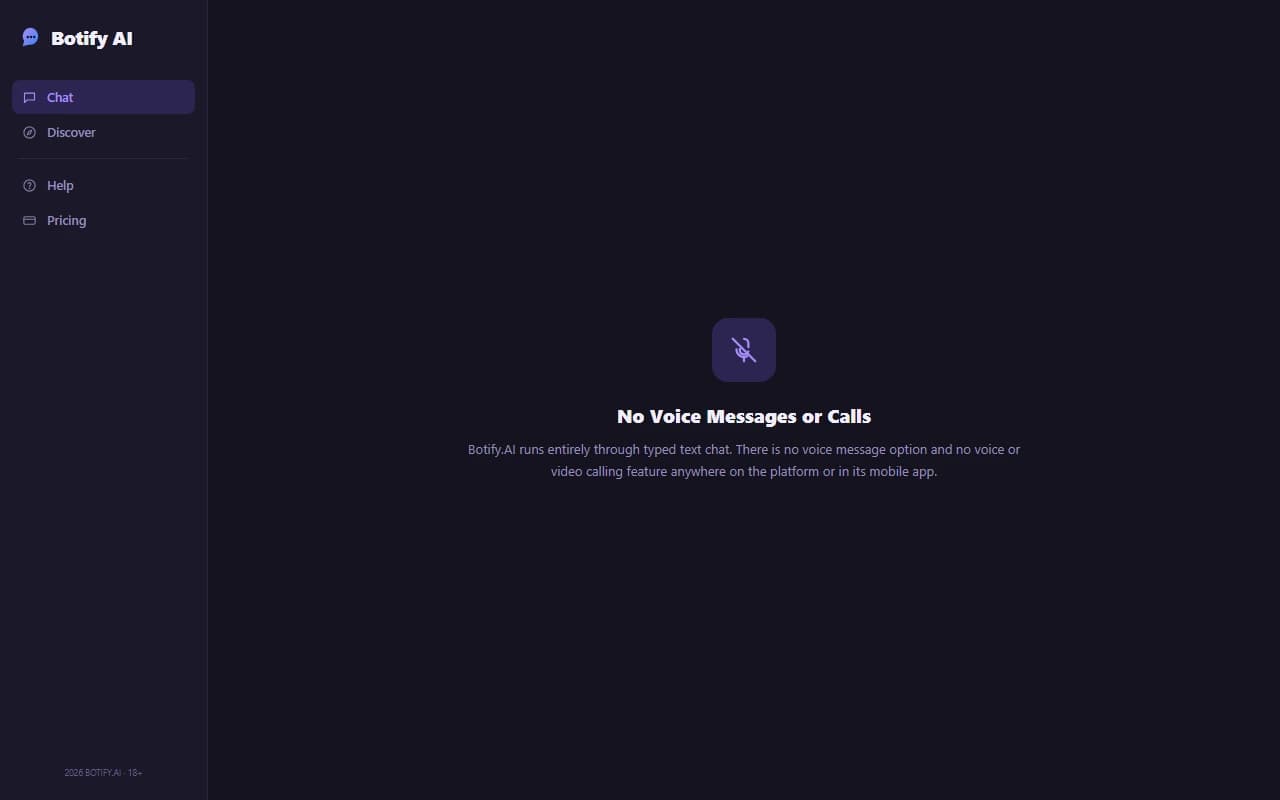 Botify.AI interface showing no voice message or calling feature is available Botify.AI interface showing no voice message or calling feature is available