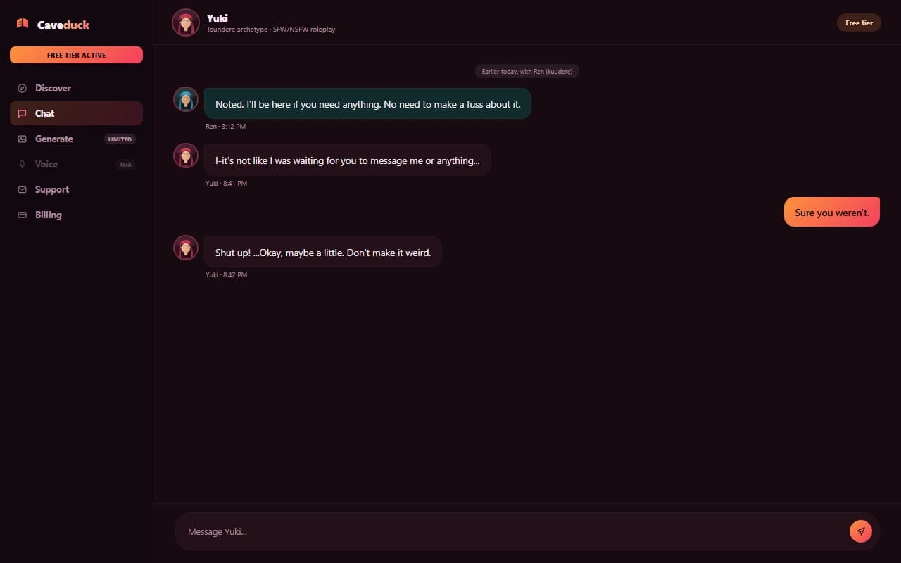 Caveduck chat interface showing a roleplay conversation with an anime-style AI character Caveduck chat interface showing a roleplay conversation with an anime-style AI character