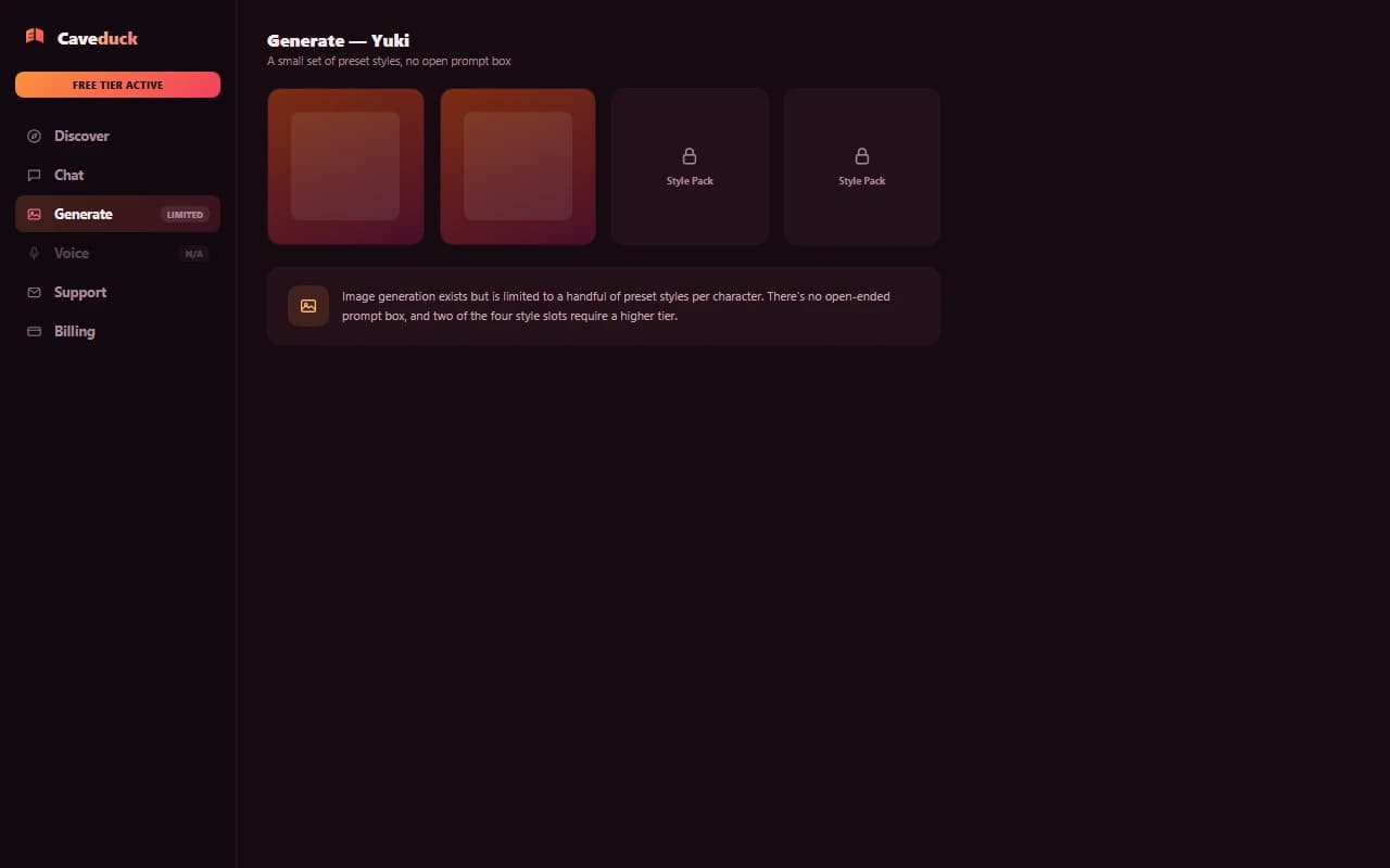 Caveduck image generation screen showing its limited preset-based image options Caveduck image generation screen showing its limited preset-based image options