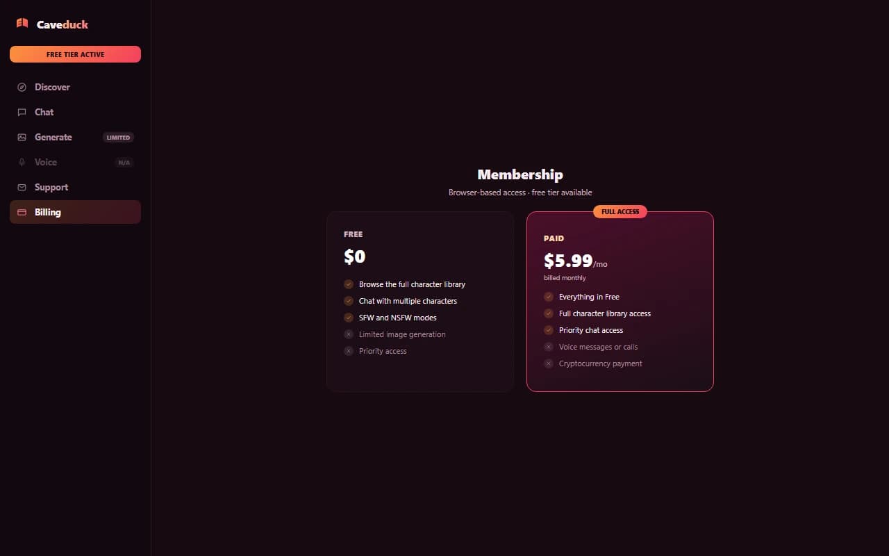 Caveduck pricing page showing the free tier and the $5.99 per month paid plan Caveduck pricing page showing the free tier and the $5.99 per month paid plan