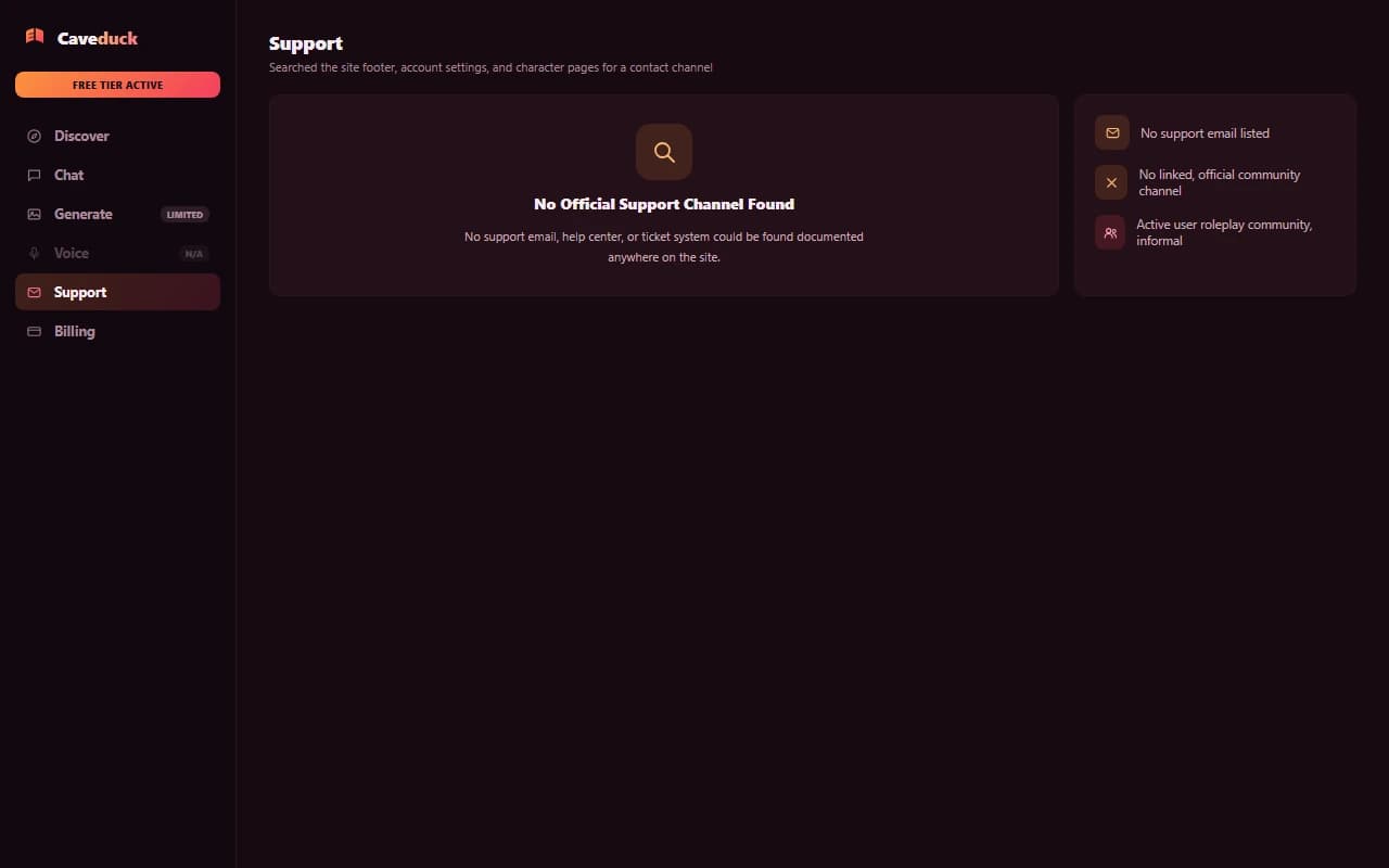 Caveduck support screen showing no support email, live chat, or community channel could be found Caveduck support screen showing no support email, live chat, or community channel could be found