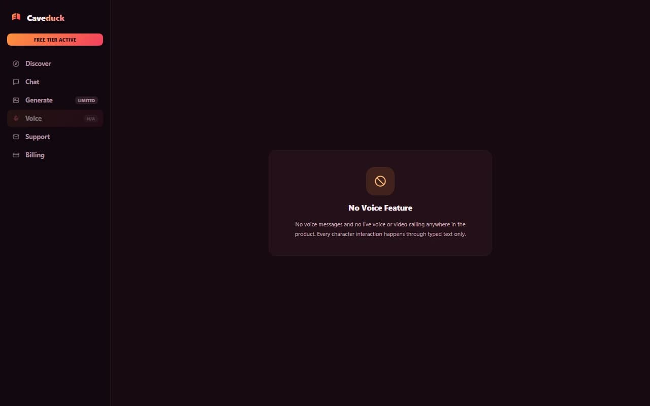 Caveduck voice screen showing that no voice messages or calling feature exists on the platform Caveduck voice screen showing that no voice messages or calling feature exists on the platform