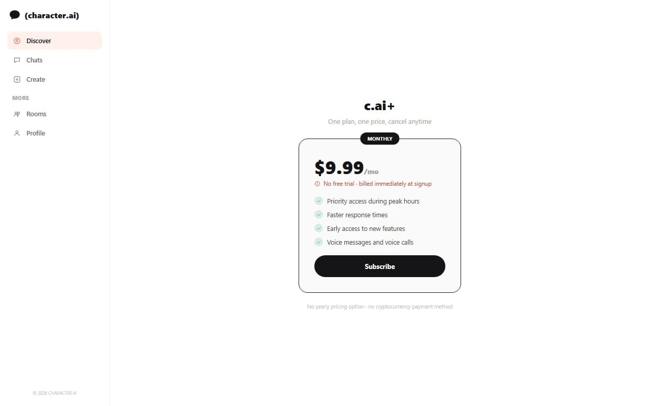 Character.AI subscription pricing page showing the single monthly plan Character.AI subscription pricing page showing the single monthly plan