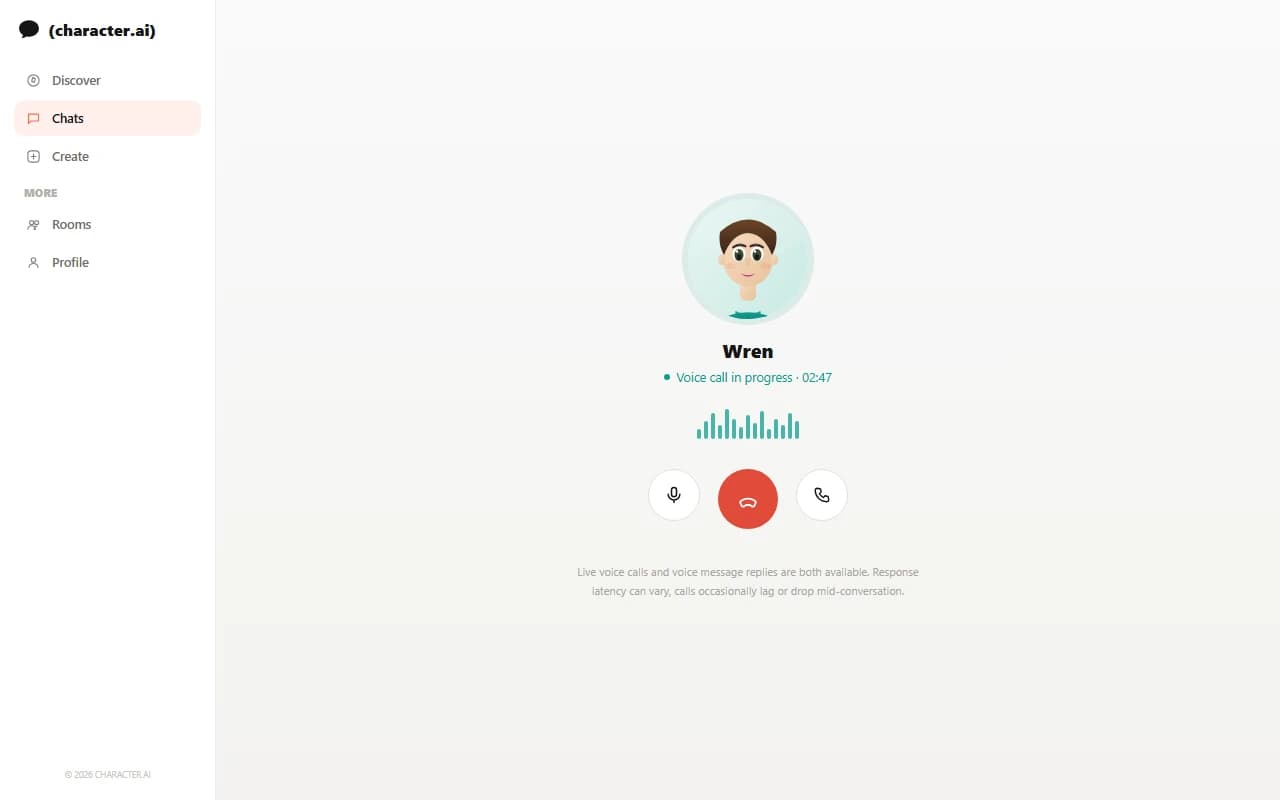 Character.AI voice call interface showing an active voice conversation with an AI character Character.AI voice call interface showing an active voice conversation with an AI character