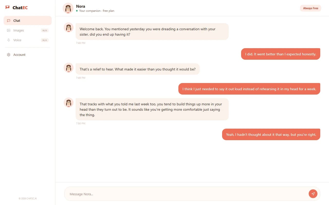 ChatEC chat interface showing an emotionally supportive conversation with an AI companion ChatEC chat interface showing an emotionally supportive conversation with an AI companion