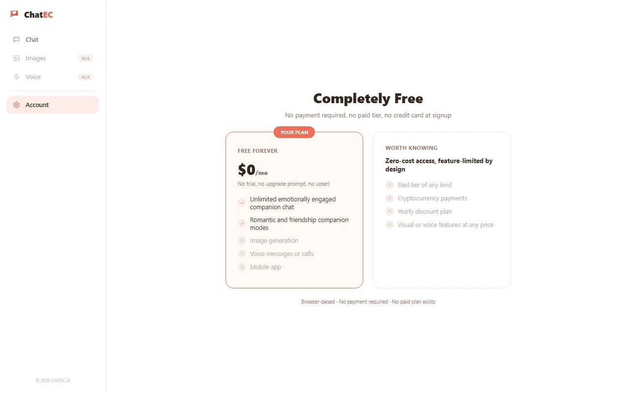 ChatEC pricing screen showing the completely free plan with no paid tier ChatEC pricing screen showing the completely free plan with no paid tier