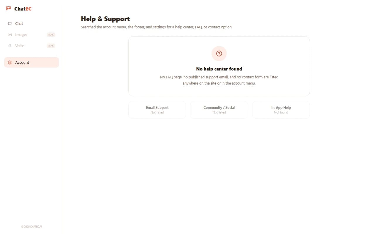ChatEC interface showing no support contact channel found ChatEC interface showing no support contact channel found