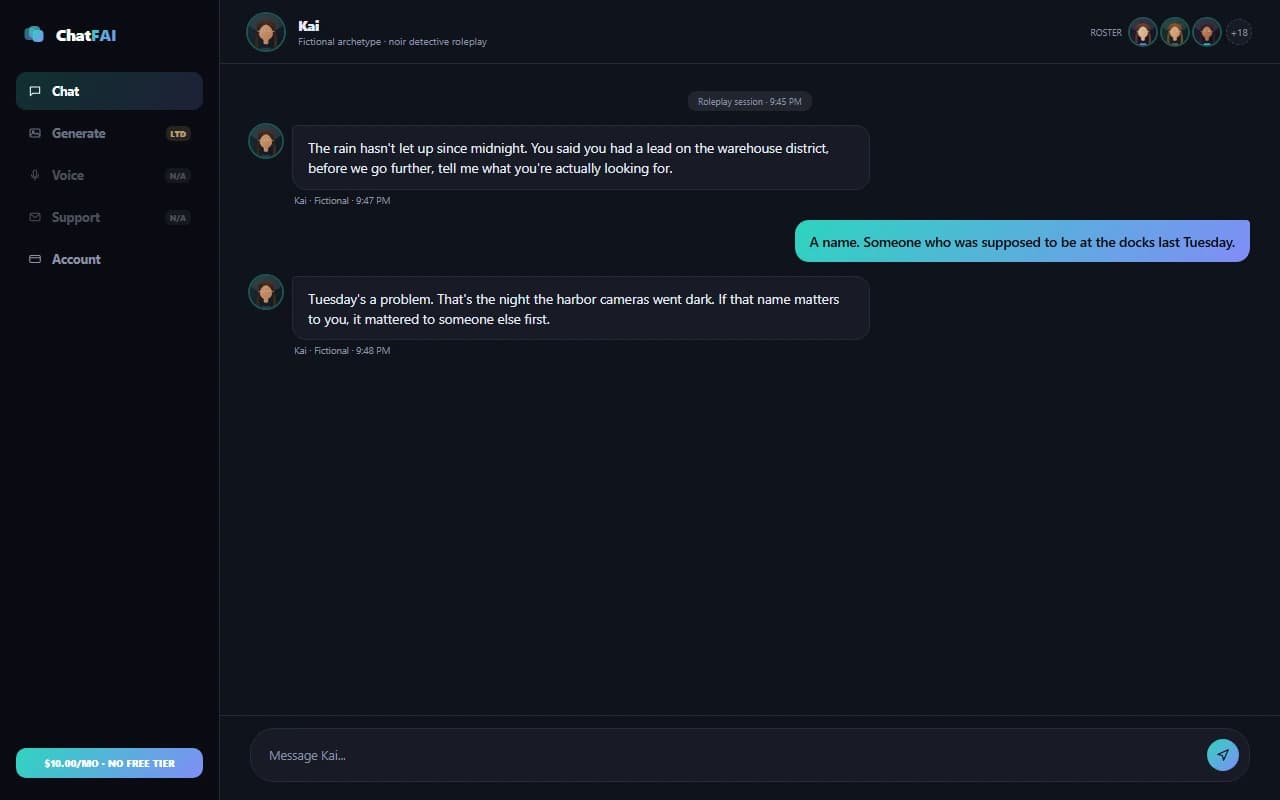 ChatFAI chat interface showing a conversation with a fictional character persona ChatFAI chat interface showing a conversation with a fictional character persona