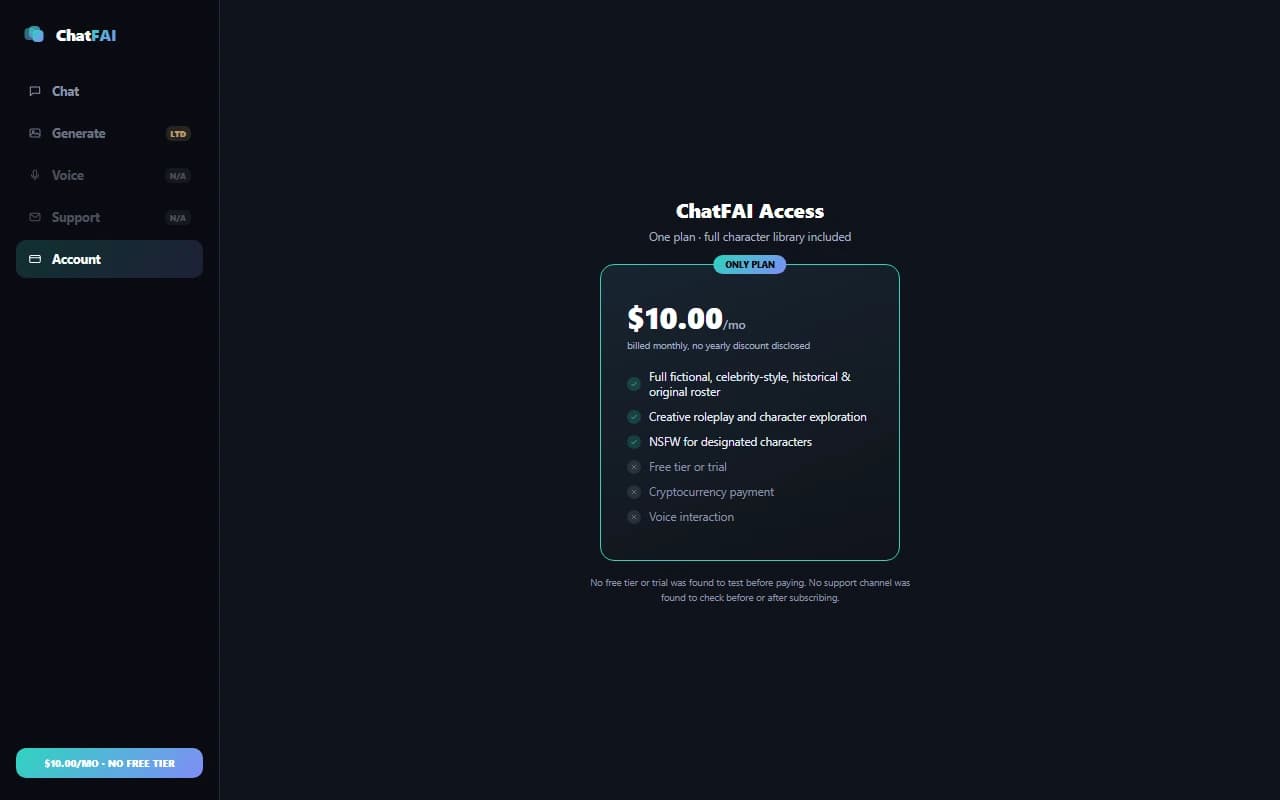 ChatFAI pricing plan showing the free tier alongside the paid monthly subscription ChatFAI pricing plan showing the free tier alongside the paid monthly subscription