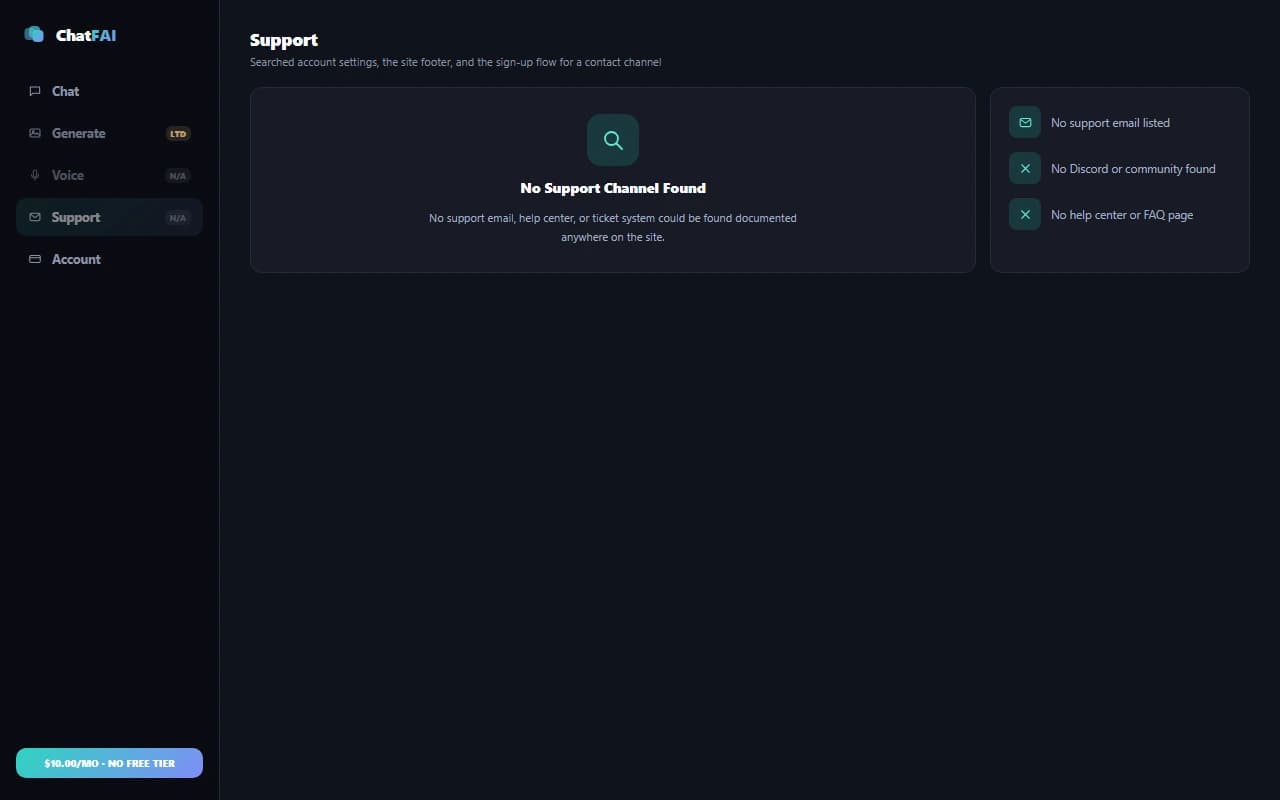 ChatFAI account page with no support channel listed ChatFAI account page with no support channel listed