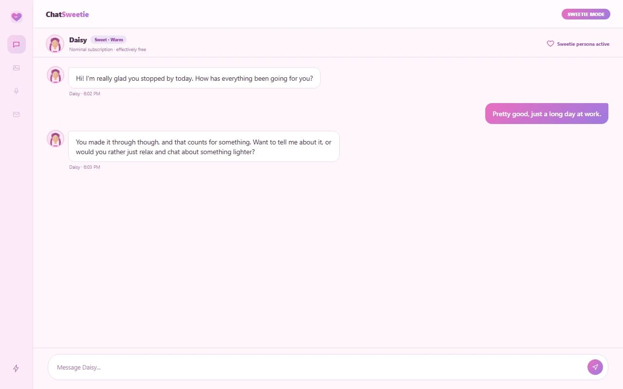 ChatSweetie chat interface showing a warm conversation with the sweetie AI companion persona ChatSweetie chat interface showing a warm conversation with the sweetie AI companion persona