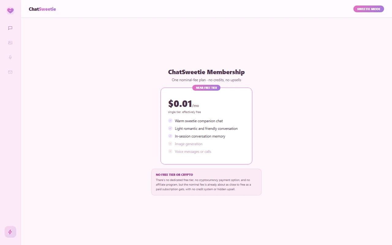 ChatSweetie pricing screen showing the single nominal-fee subscription plan ChatSweetie pricing screen showing the single nominal-fee subscription plan