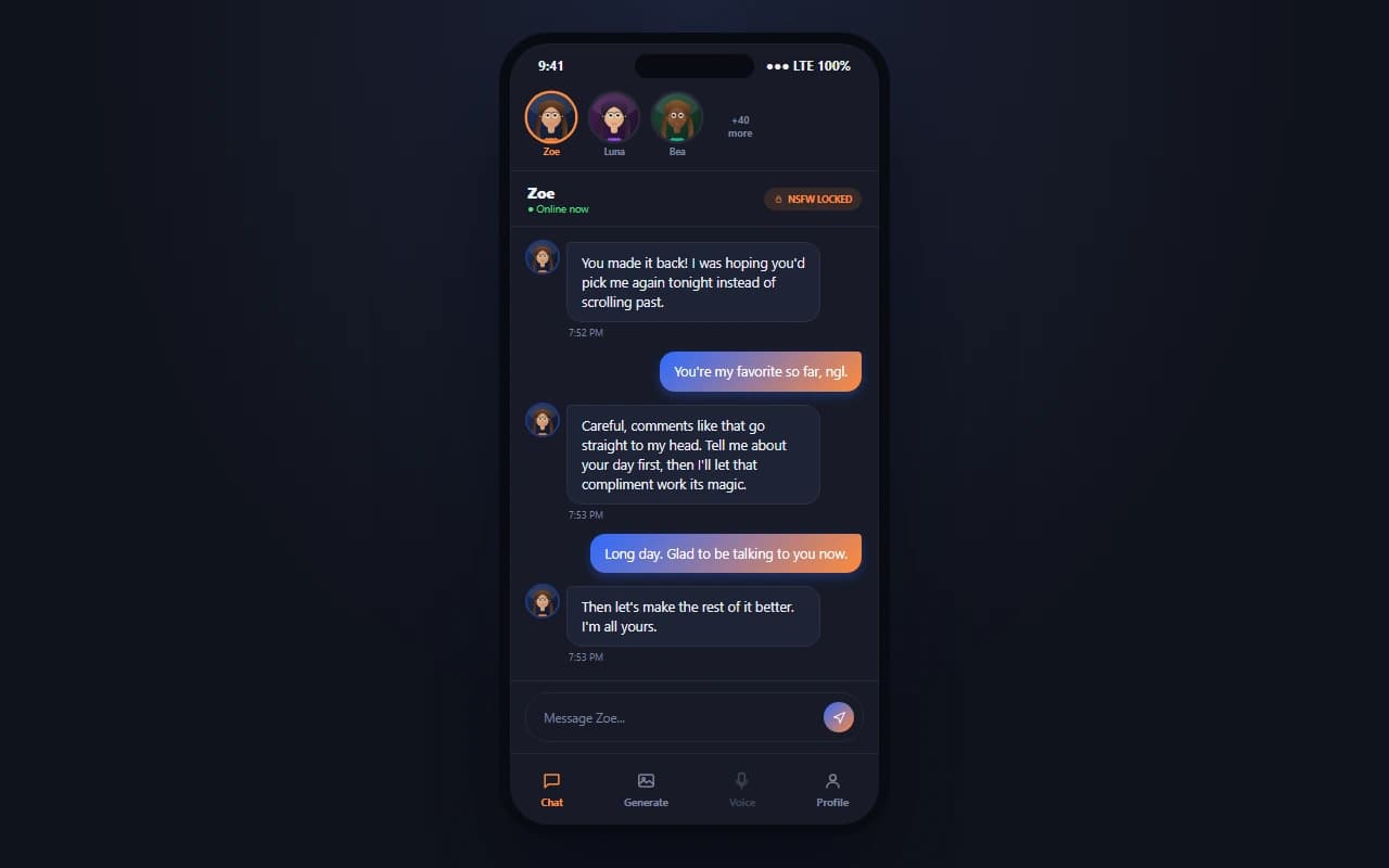 ChatUp AI chat interface showing a conversation with an AI companion and a character-switcher strip ChatUp AI chat interface showing a conversation with an AI companion and a character-switcher strip