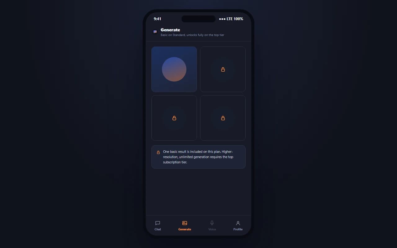 ChatUp AI image generation screen showing mostly locked results gated behind a higher subscription tier ChatUp AI image generation screen showing mostly locked results gated behind a higher subscription tier