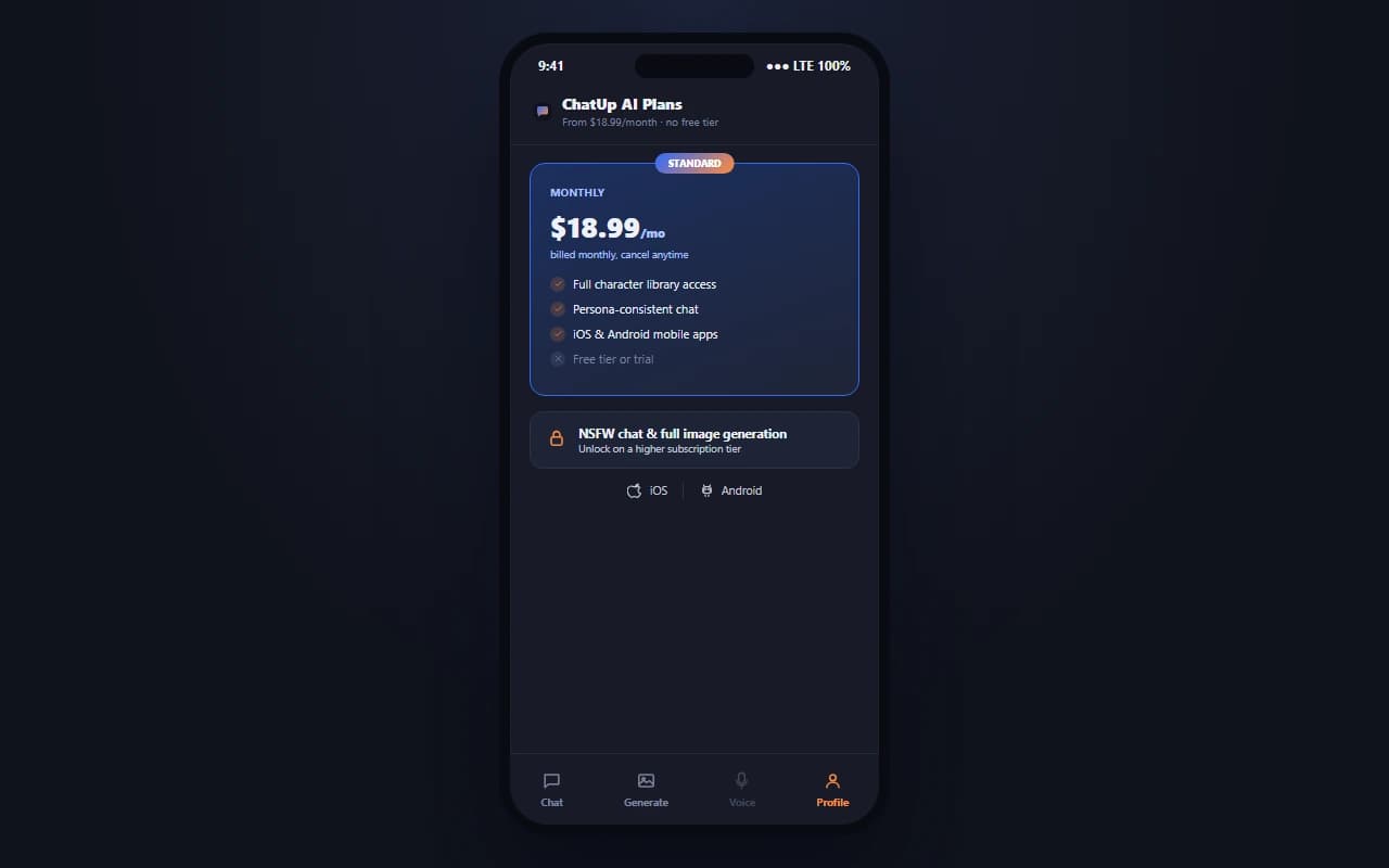 ChatUp AI pricing screen showing the $18.99 per month subscription plan ChatUp AI pricing screen showing the $18.99 per month subscription plan