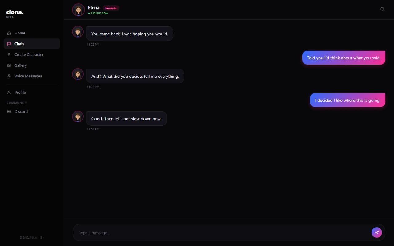 Clona.Beta chat interface showing a conversation with a realistic AI companion Clona.Beta chat interface showing a conversation with a realistic AI companion