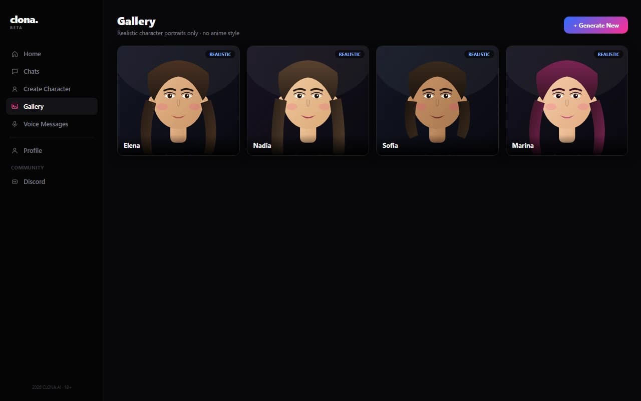 Clona.Beta gallery screen showing generated realistic character portraits Clona.Beta gallery screen showing generated realistic character portraits