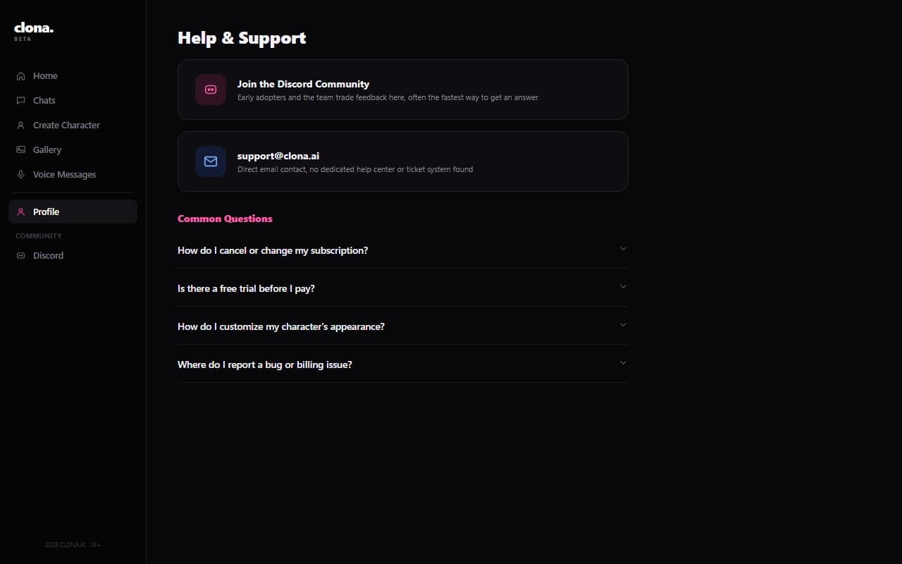 Clona.Beta help and support screen with Discord community and email contact Clona.Beta help and support screen with Discord community and email contact