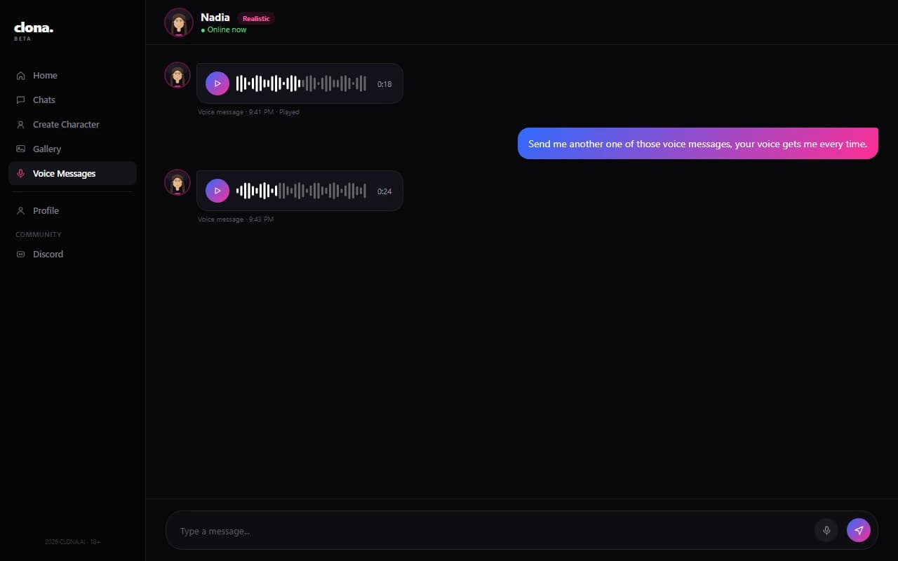 Clona.Beta chat screen showing an NSFW voice message bubble with waveform and duration Clona.Beta chat screen showing an NSFW voice message bubble with waveform and duration
