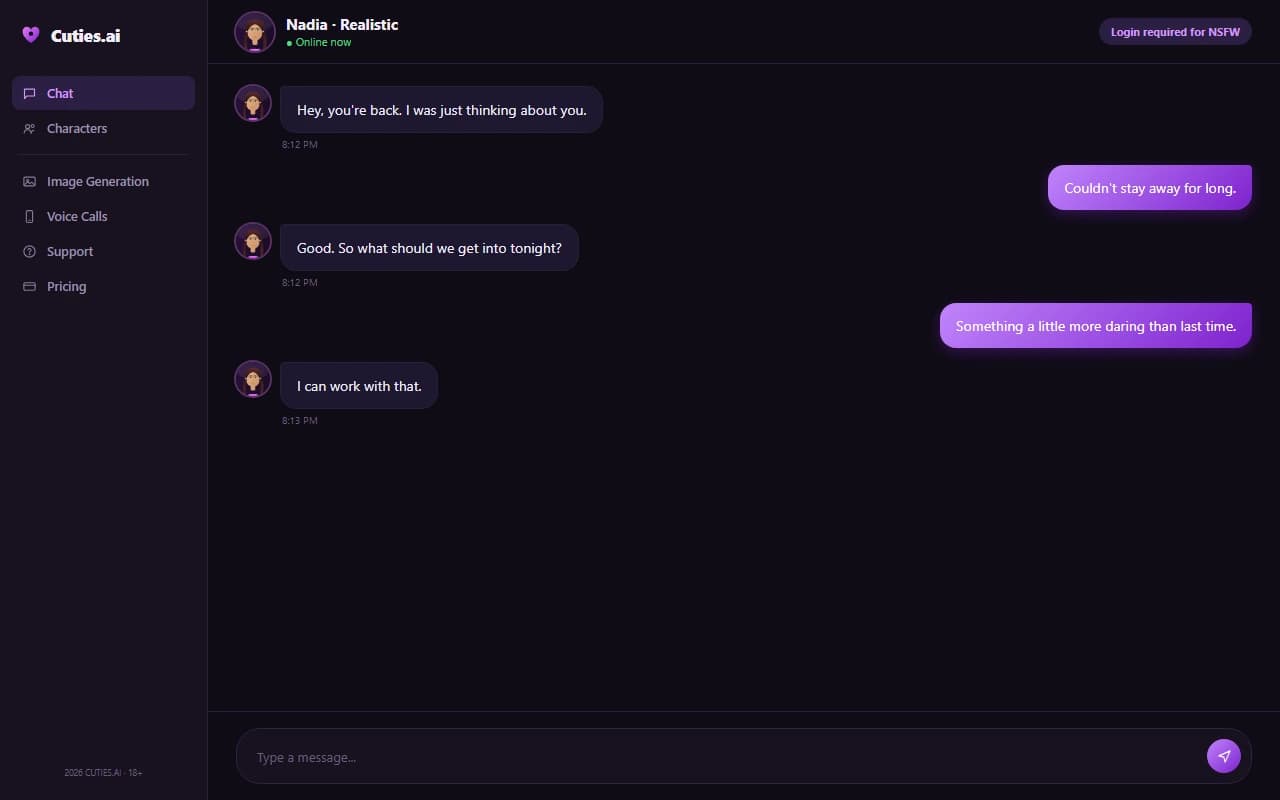 Cuties.ai chat interface showing a conversation with an AI companion Cuties.ai chat interface showing a conversation with an AI companion