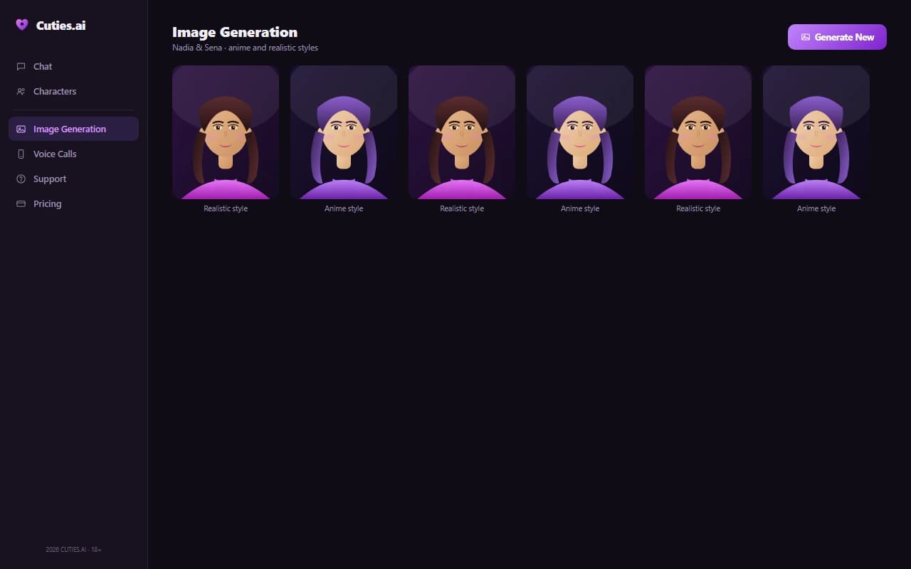 Cuties.ai image generation results grid showing anime and realistic style companions Cuties.ai image generation results grid showing anime and realistic style companions