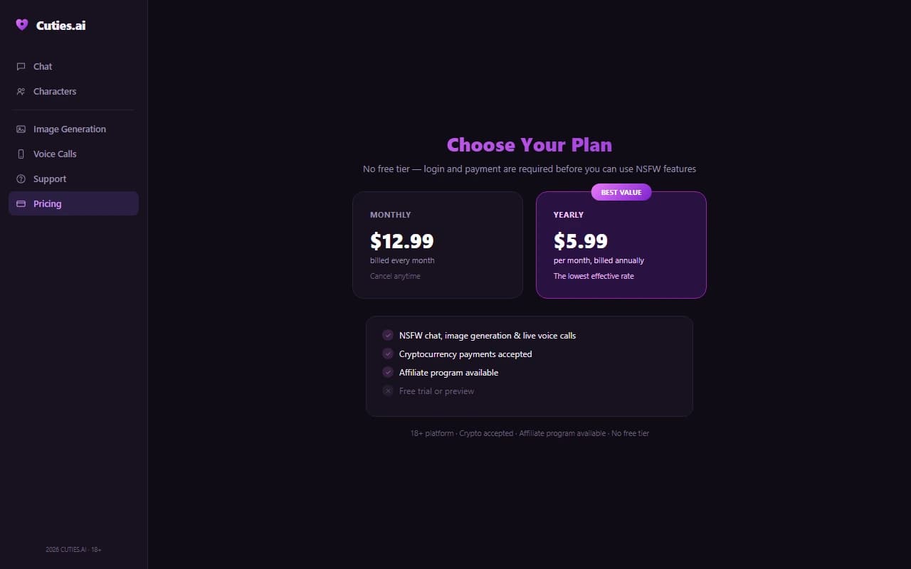 Cuties.ai pricing page showing monthly and yearly subscription plans Cuties.ai pricing page showing monthly and yearly subscription plans