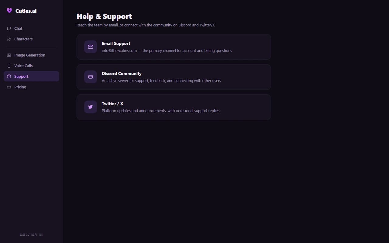 Cuties.ai help and support page showing email, Discord, and Twitter/X contact channels Cuties.ai help and support page showing email, Discord, and Twitter/X contact channels