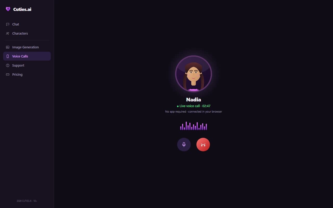 Cuties.ai live voice call screen showing an active call in progress Cuties.ai live voice call screen showing an active call in progress