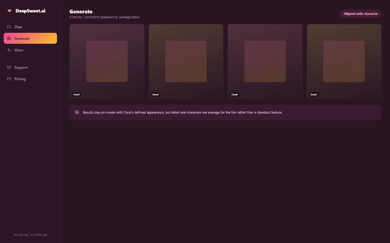 DeepSweet.ai interface showing a generated image results grid for a companion DeepSweet.ai interface showing a generated image results grid for a companion