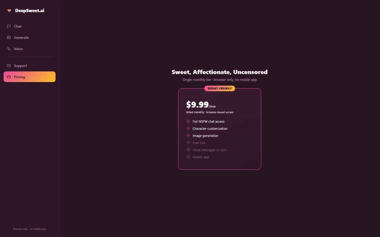DeepSweet.ai pricing screen showing the single $9.99 monthly plan DeepSweet.ai pricing screen showing the single $9.99 monthly plan