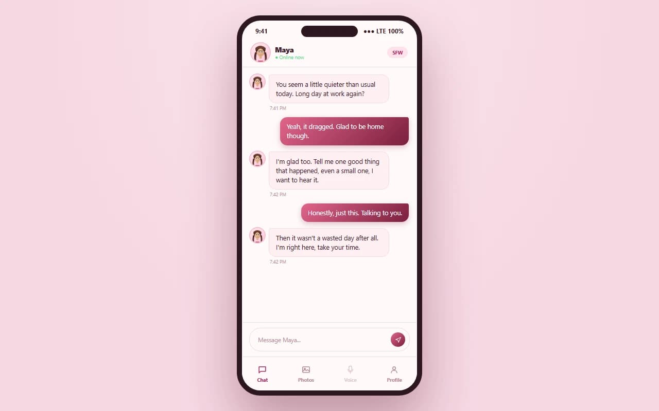 Dippy chat interface showing a warm conversation with an anime-style companion character Dippy chat interface showing a warm conversation with an anime-style companion character