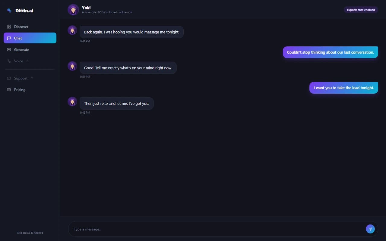 Dittin.ai chat interface showing a conversation with an AI companion Dittin.ai chat interface showing a conversation with an AI companion