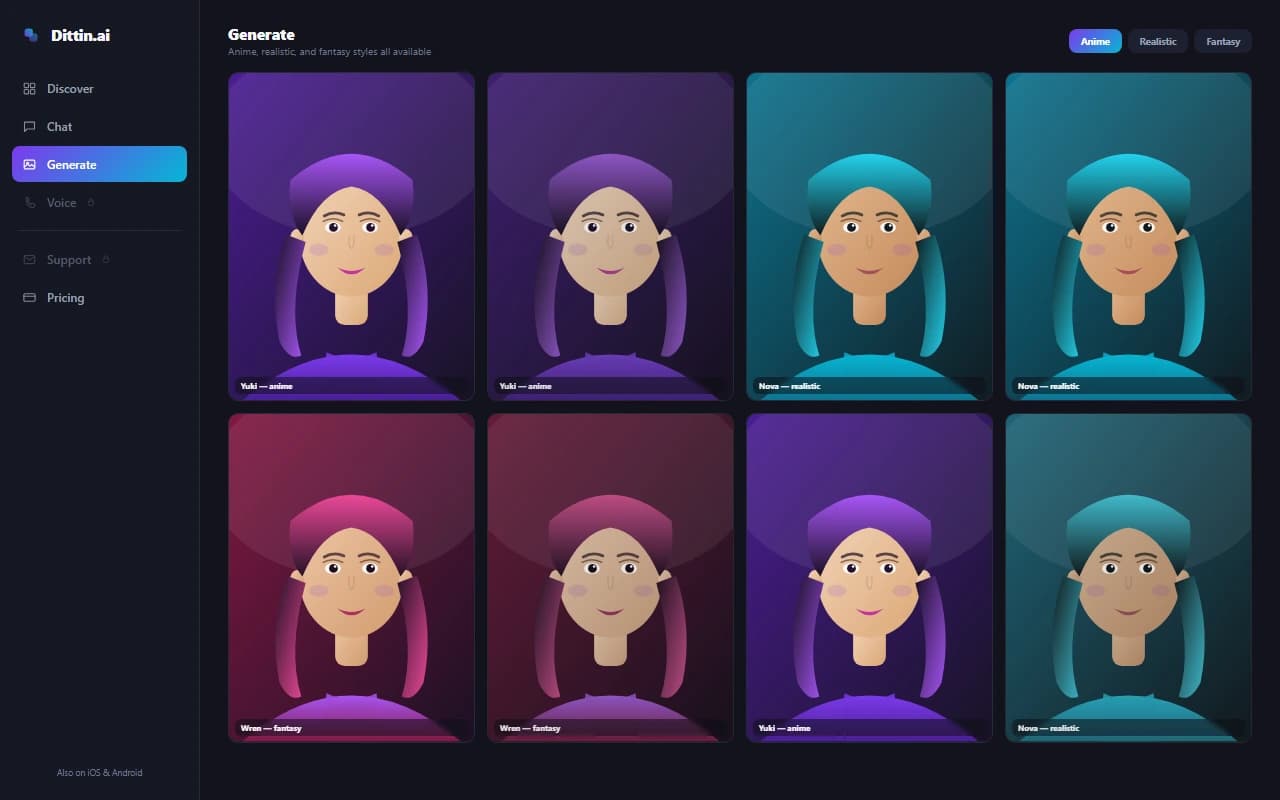 Dittin.ai image generation results showing AI-generated character images across anime, realistic, and fantasy styles Dittin.ai image generation results showing AI-generated character images across anime, realistic, and fantasy styles