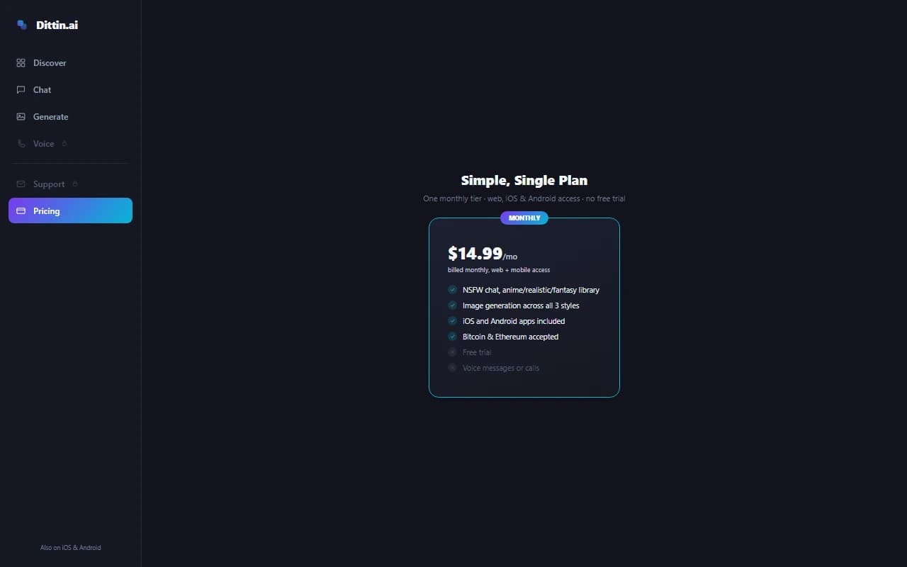 Dittin.ai pricing page showing the $14.99 per month plan Dittin.ai pricing page showing the $14.99 per month plan