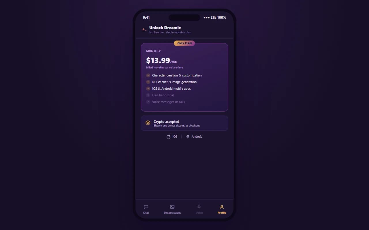 Dreamle pricing screen showing the $13.99 per month subscription plan Dreamle pricing screen showing the $13.99 per month subscription plan
