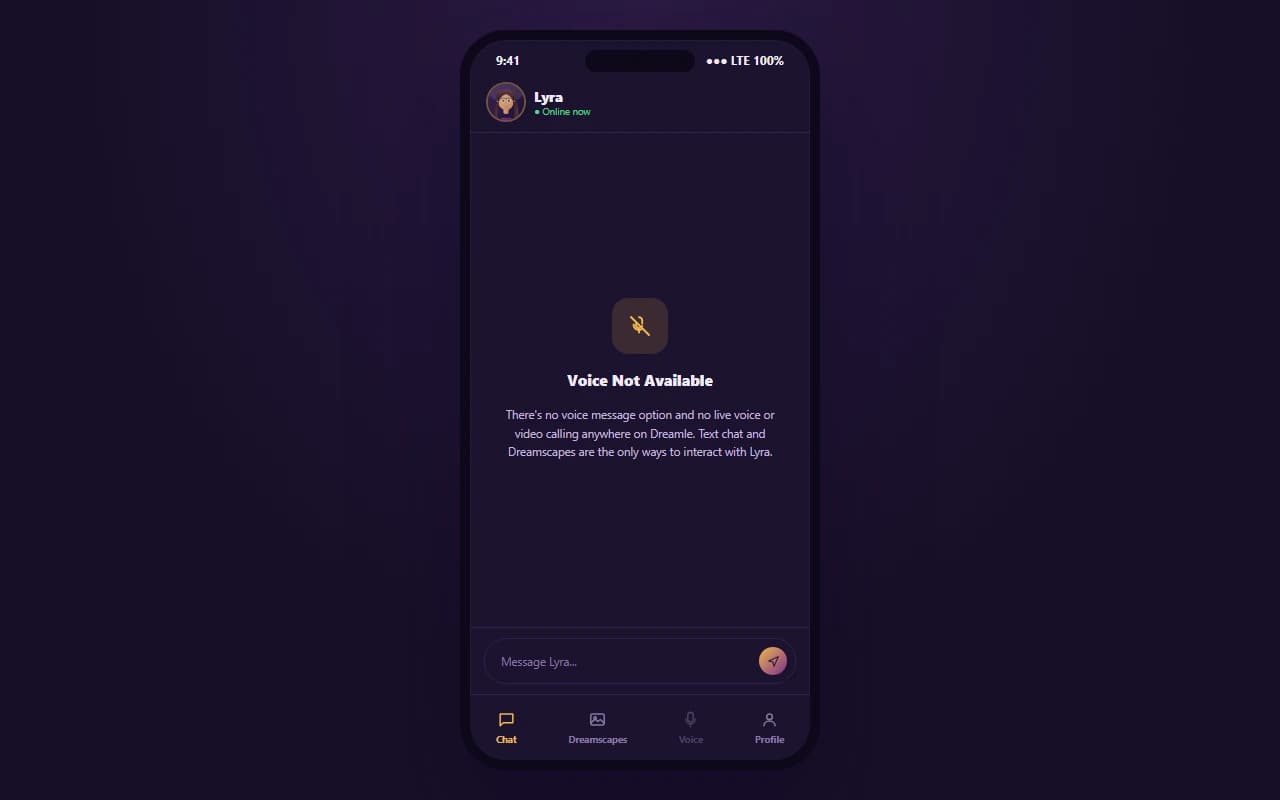 Dreamle interface showing no voice message or calling option available Dreamle interface showing no voice message or calling option available