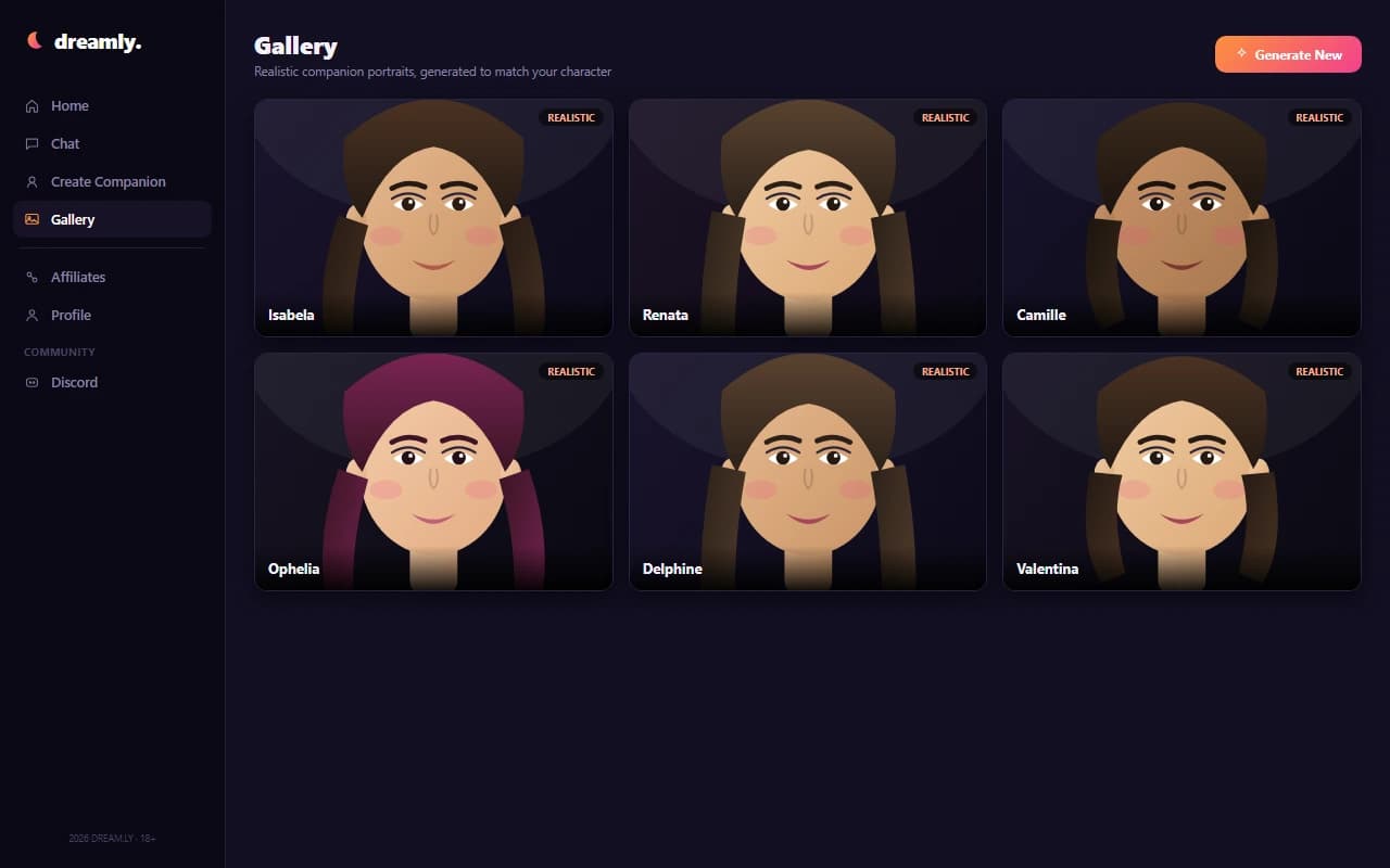 Dreamly generated image gallery showing realistic AI companion portraits Dreamly generated image gallery showing realistic AI companion portraits