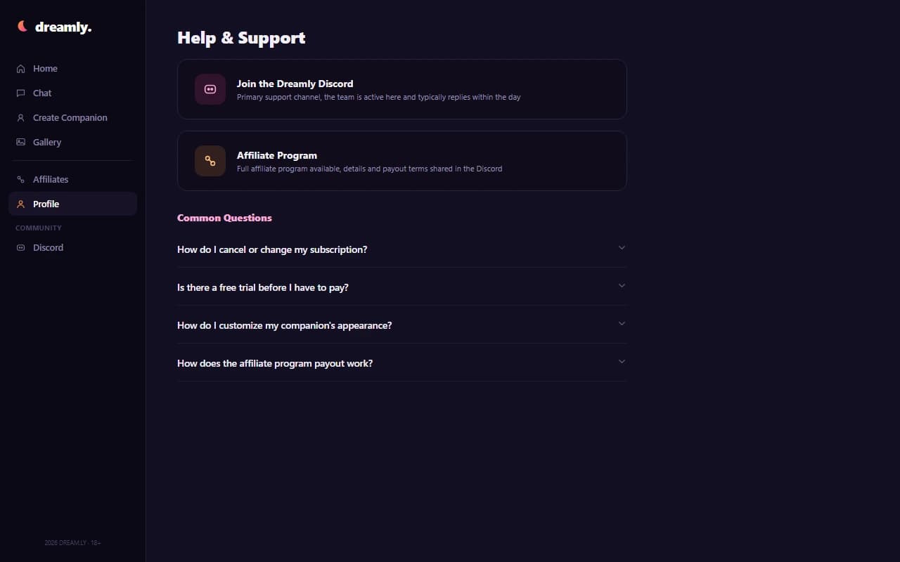 Dreamly help and contact screen showing an active Discord as the primary support channel Dreamly help and contact screen showing an active Discord as the primary support channel