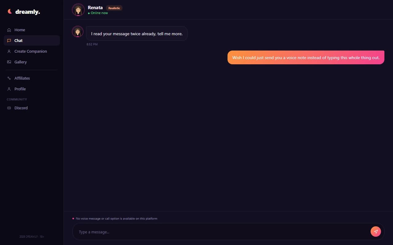 Dreamly chat screen showing no voice message or call option available Dreamly chat screen showing no voice message or call option available