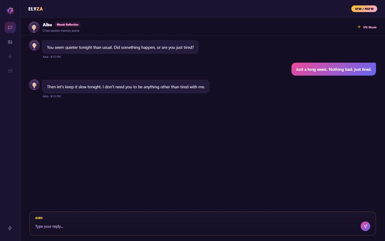 Elyza chat interface showing a conversation with an AI companion in a Japanese visual-novel-styled dialogue layout Elyza chat interface showing a conversation with an AI companion in a Japanese visual-novel-styled dialogue layout