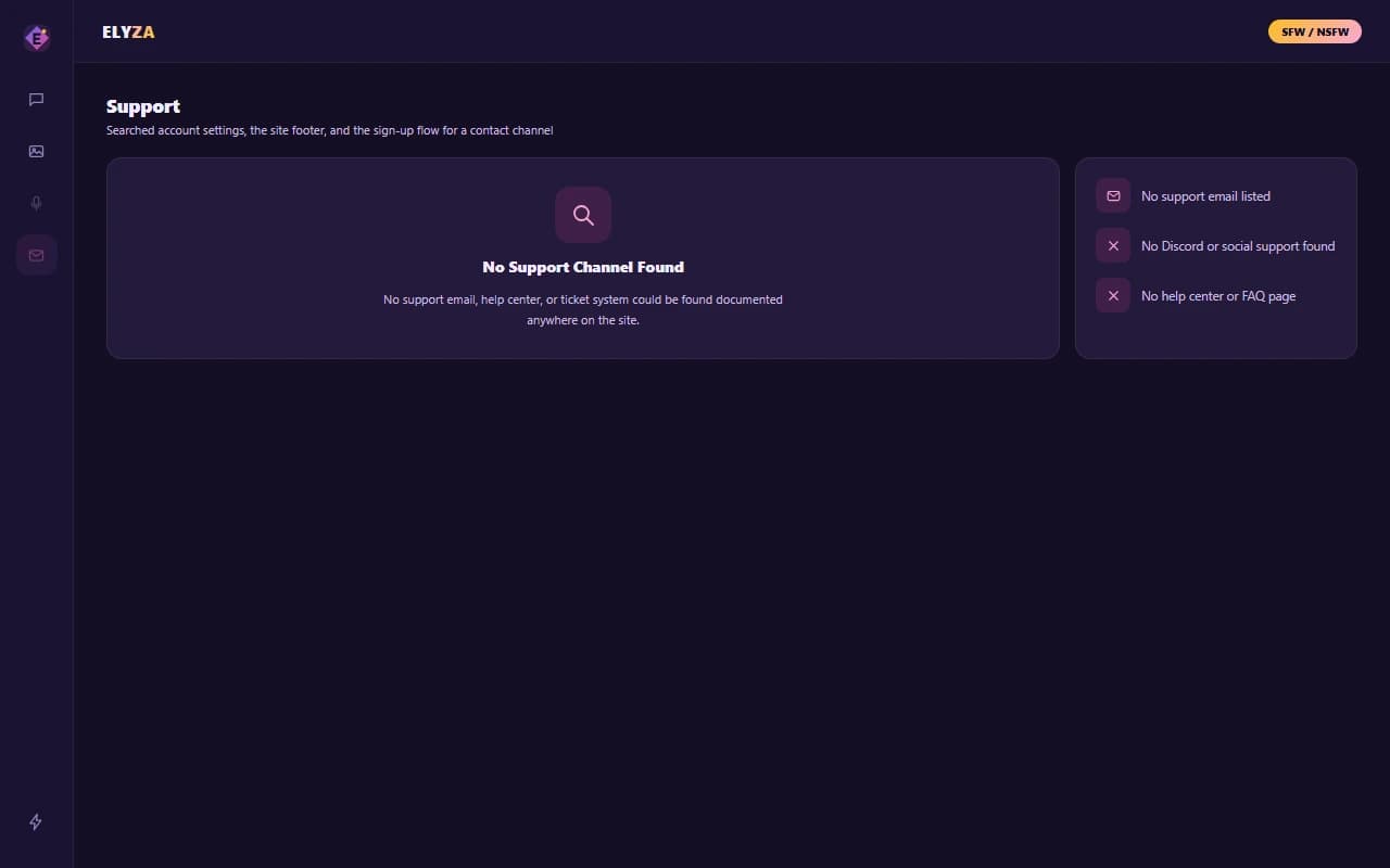 Elyza support screen showing no dedicated help channel found Elyza support screen showing no dedicated help channel found