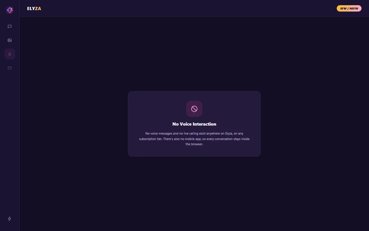 Elyza chat screen showing no voice message or call option available Elyza chat screen showing no voice message or call option available