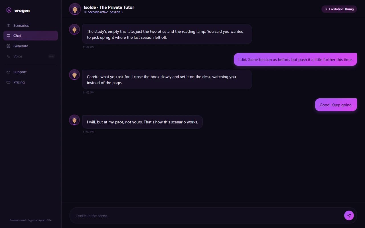 Erogen chat interface showing a scenario-based roleplay conversation Erogen chat interface showing a scenario-based roleplay conversation