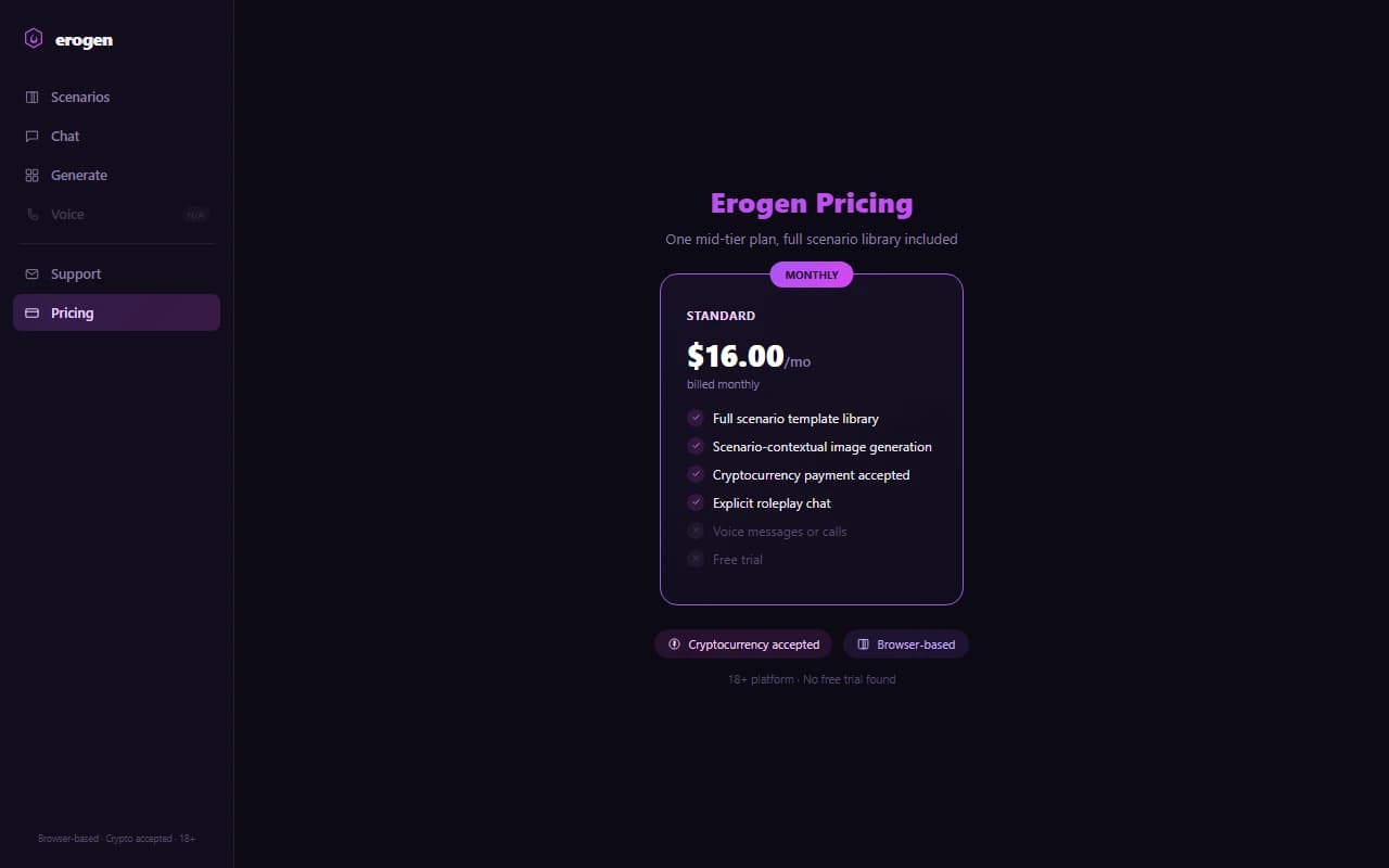 Erogen pricing page showing the single $16 per month plan with cryptocurrency payment accepted Erogen pricing page showing the single $16 per month plan with cryptocurrency payment accepted