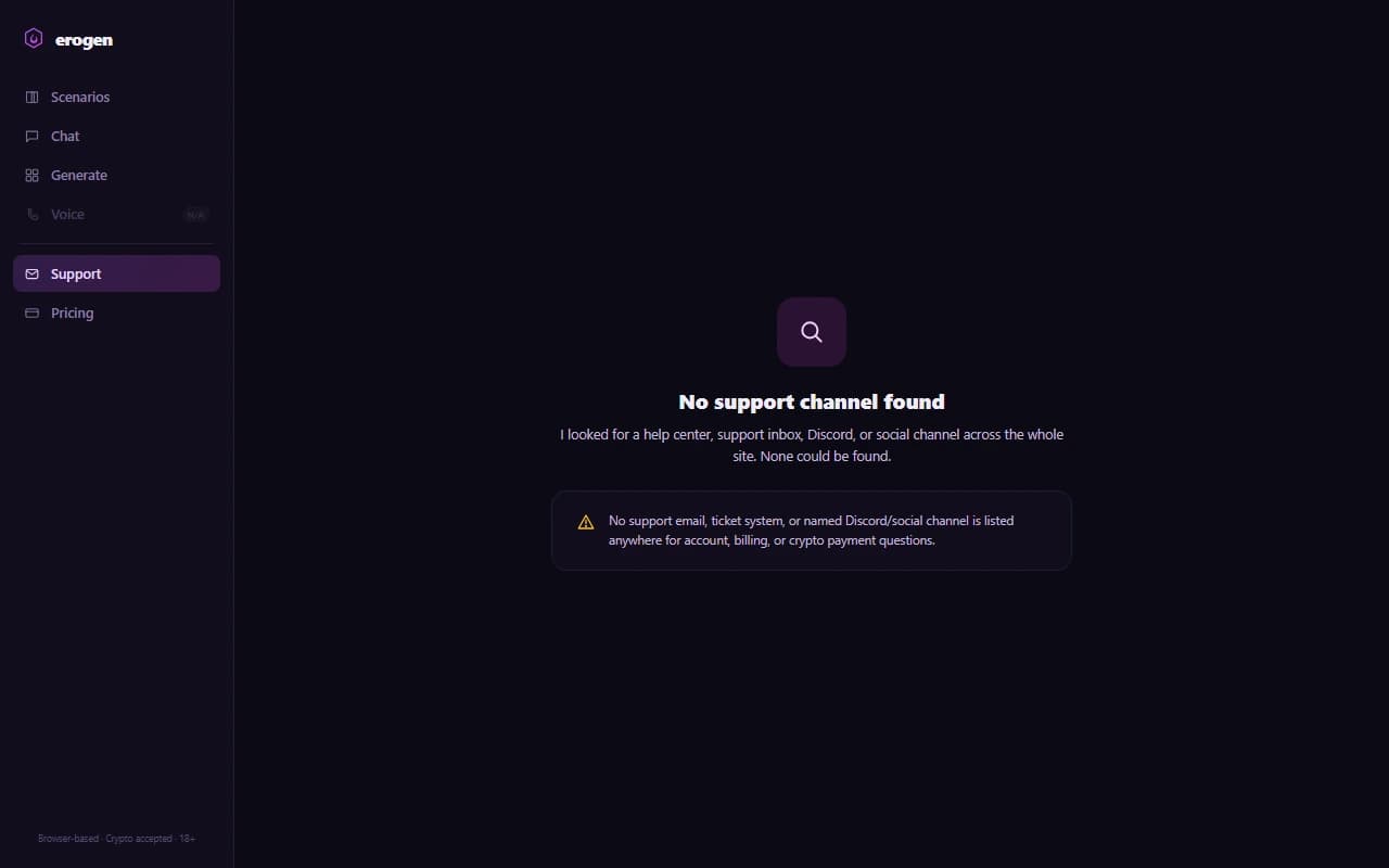Erogen support screen showing no support email, live chat, or community channel could be found Erogen support screen showing no support email, live chat, or community channel could be found