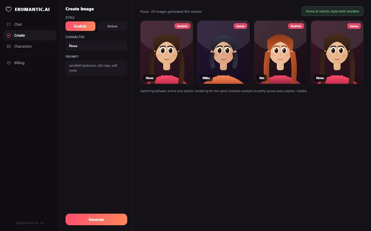 Eromantic.ai image generation screen with anime and realistic style options and a populated results grid Eromantic.ai image generation screen with anime and realistic style options and a populated results grid