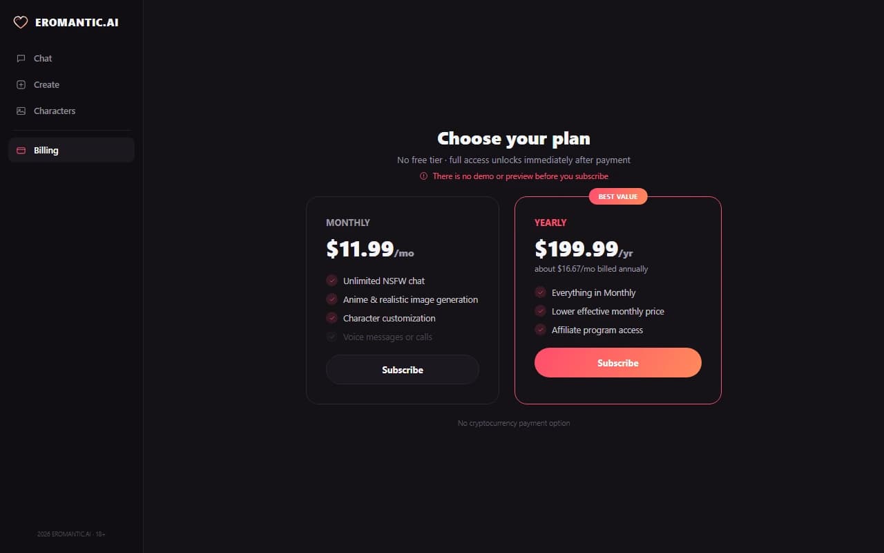Eromantic.ai subscription pricing plans showing monthly and yearly tiers Eromantic.ai subscription pricing plans showing monthly and yearly tiers