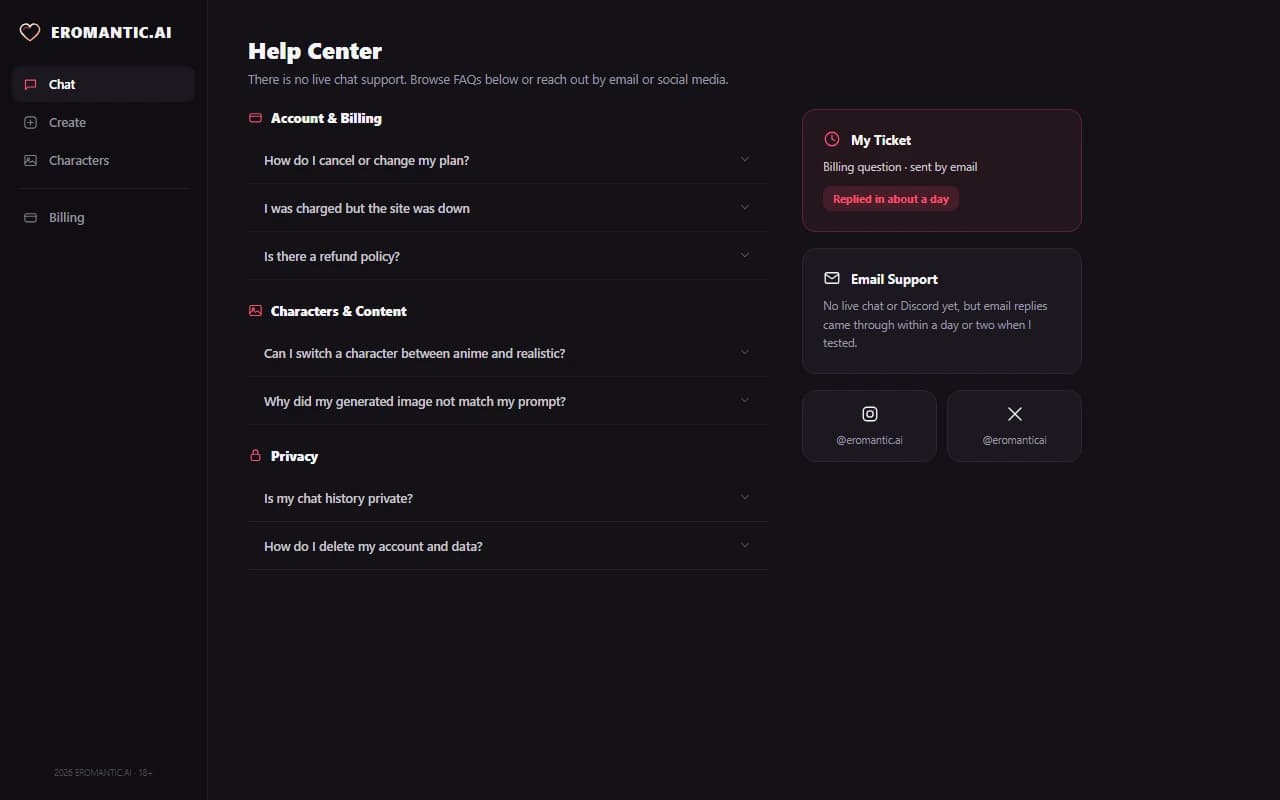 Eromantic.ai help center with FAQ categories and email and social contact options Eromantic.ai help center with FAQ categories and email and social contact options