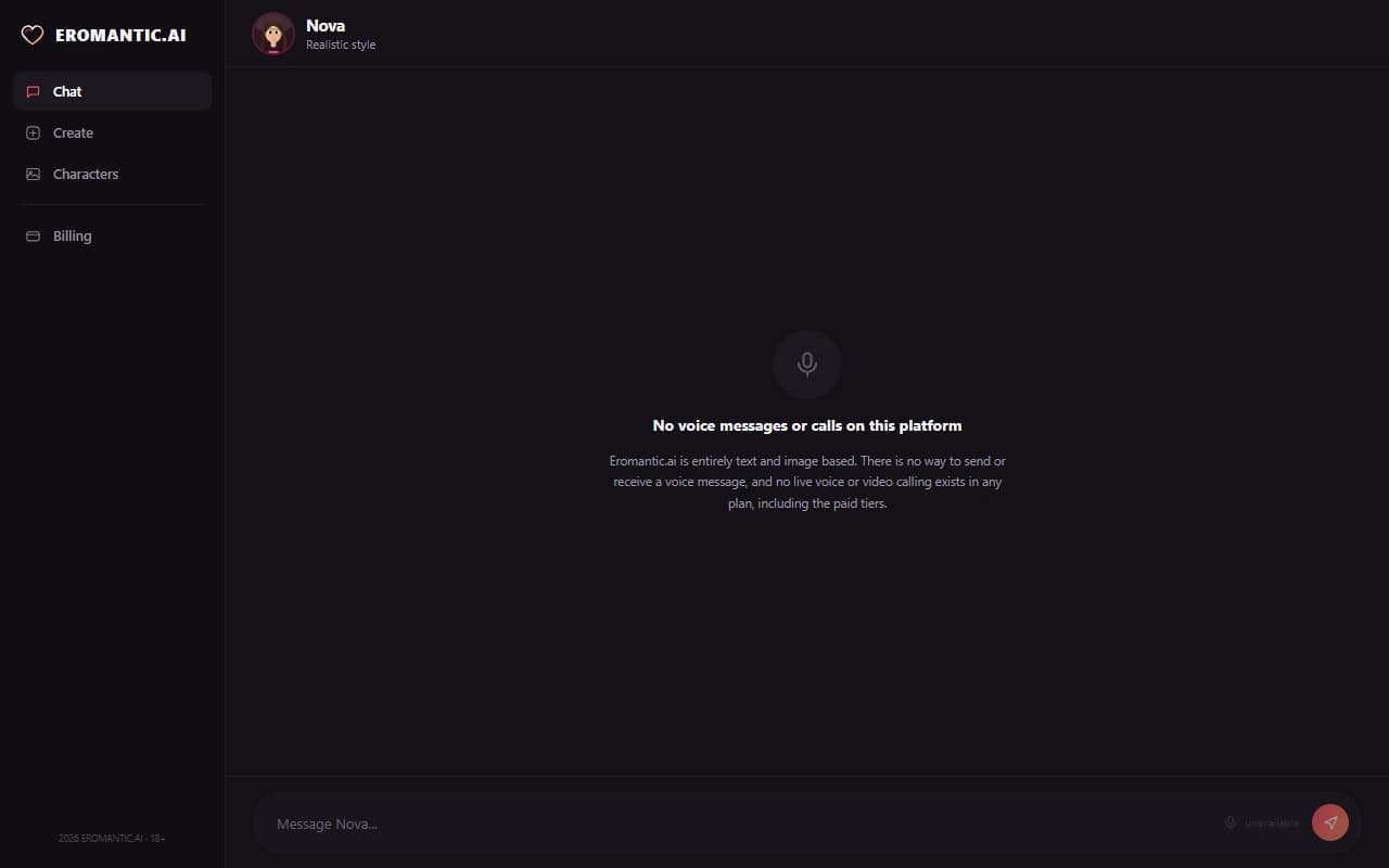 Eromantic.ai chat screen showing no voice message option available Eromantic.ai chat screen showing no voice message option available