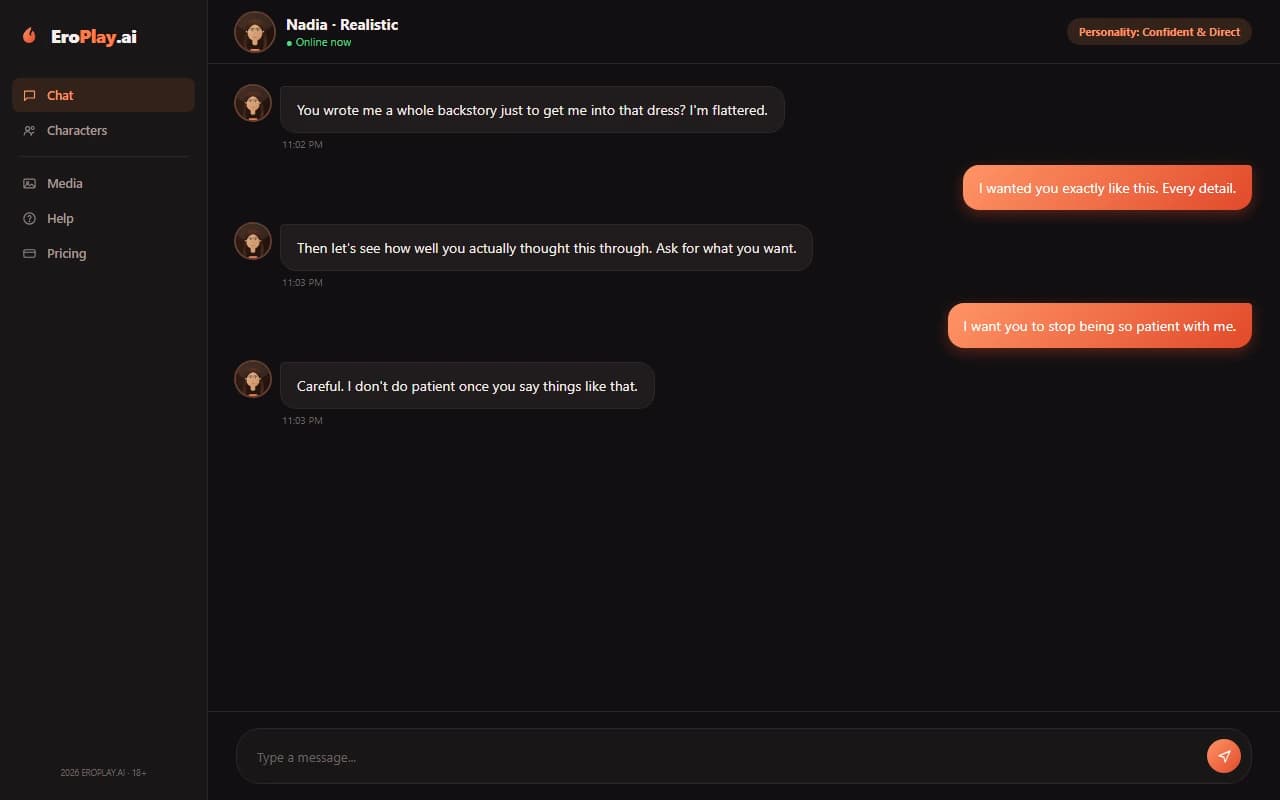 EroPlay.ai chat interface showing a flirtatious conversation with a customized AI companion EroPlay.ai chat interface showing a flirtatious conversation with a customized AI companion